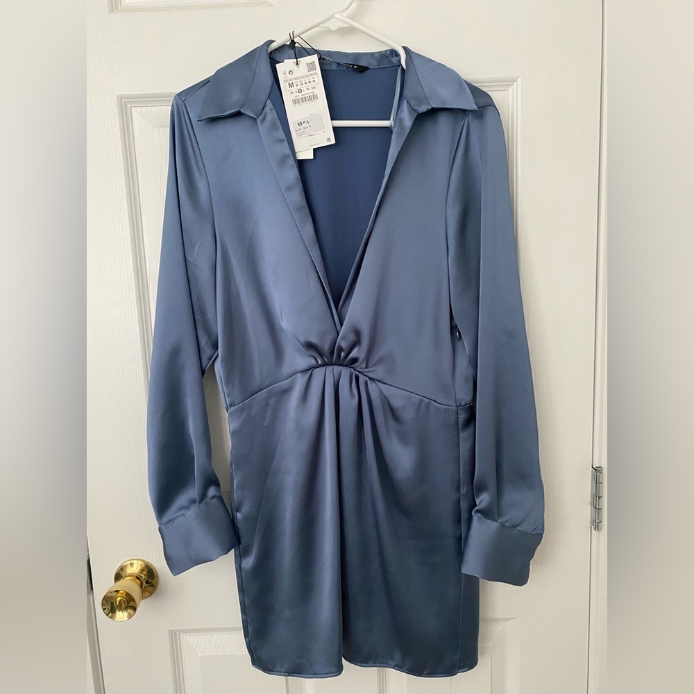 With Tags, Zara Blue Satin Dress Size M